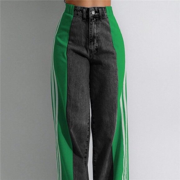 Wide-Leg Red and Blue Striped Contrast Denim Jeans – M, L, XL - Picture 3 of 6